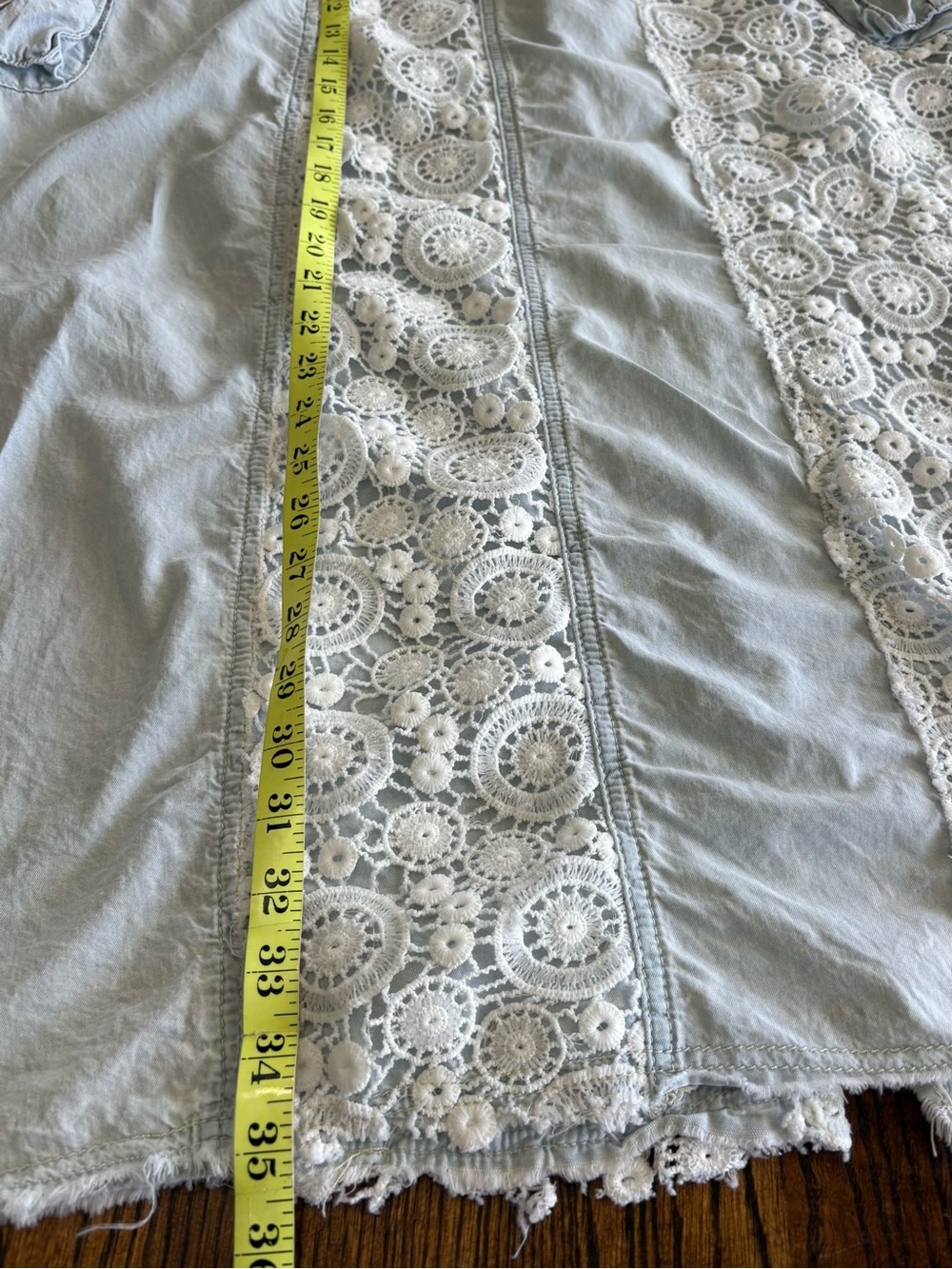 POL Lace Light Wash Denim Midi Maxi Skirt Crochet Medium Boho Coastal Cowgirl - Picture 14 of 15